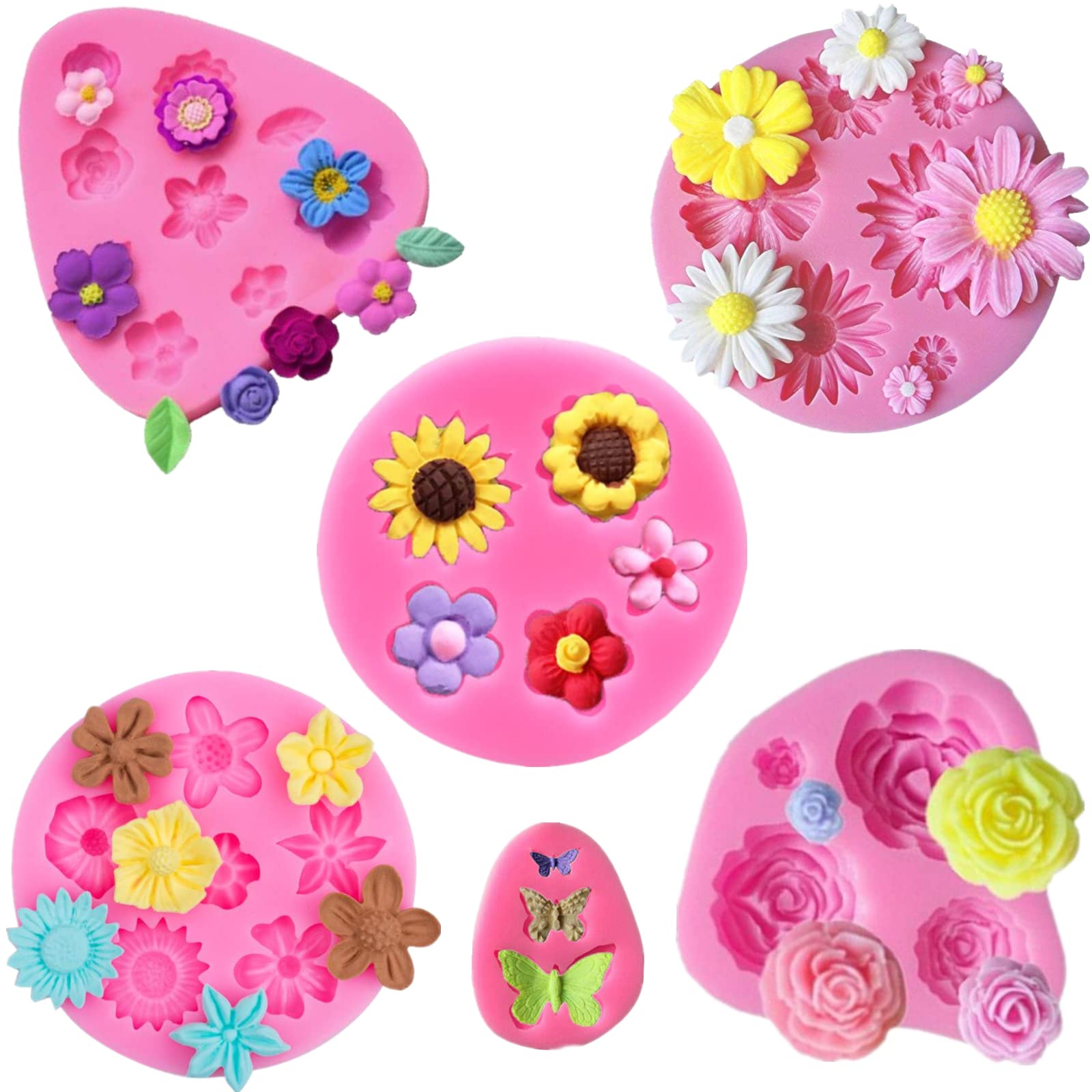 6 Pcs Flower Silicone Mold Set,Rose Daisy Butterfly and Mini Flowers Molds for Candy Chocolate Fondant Polymer Clay Soap Crafting Projects Cake Decoration