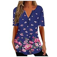 Womens Tunic Tops 2023 Fashion Summer Casual Dressy Short Sleeve Button V Neck Long T Shirts Trendy Cute Blouses Tees