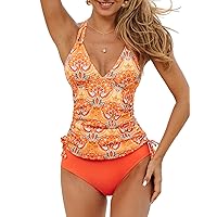 CUPSHE Women's Tankini Sets Two Piece Swimsuit V Neck O Ring Back Cutout Double Straps Mid Rise Drawstring