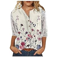 Ladies Summer Tops and Blouses 2023,Fall 3/4 Length Sleeve Tops V Neck 3/4 Sleeve Shirts Lace Casual Loose Work Tunic Blouse