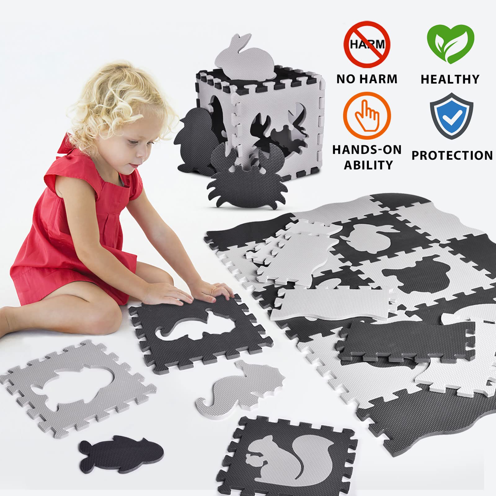 FUN LITTLE TOYS 25 PCs Baby Play Mat Interlocking Foam Floor Tiles, Animal Styles Puzzle Mat Soft Non-Toxic Crawling Mat with Fence, Activity Playmat for Toddlers Room Décor