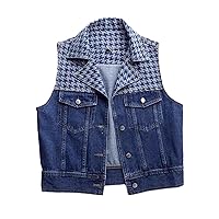 Retro Houndstooth Denim Vest Women Fashion Stitching Sleeveless Jacket Single Breasted Classic Denim Vest