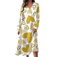 Women's Valentines Dress Spring and Autumn Casual Fashion V-Neck Long Sleeve Valentine's Day Printed Dresses, S-2XL