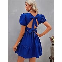 Dresses for Women - Tie Backless Puff Sleeve Ruffle Hem Dress (Color : Blue, Size : Large)