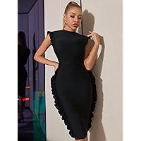 Dresses for Women Women's Dress Flutter Sleeve Slit Back Ruffle Trim Bodycon Dress Dress (Color : Black, Size : Small)