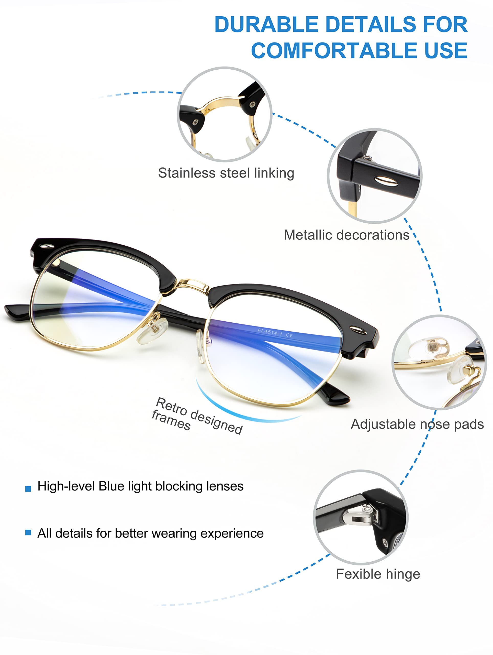 NSSIW Blue Light Glasses for Women and Men, Advanced Computer Glasses, Gaming Glasses, Semi Rimless Glasses