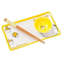 Silver Buffalo Sanrio Hello Kitty and Friends Gudetama The Lazy Egg 3 Piece Sushi Plate Set with Dipping Sauce Dish and Matching Chopsticks
