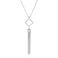 Womens Polished Diamond Shaped Tassel Stainless Steel Y Shaped Pendant Necklace, White, One Size
