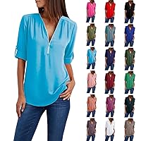 Amazon Warehouse Sale Clearance Summer Tops for Women 2024 Trendy Plus Size Long Sleeve V Neck Half Zip Up Tunic Shirts Dressy Casual Fashion Loose Fit Comfy Cute Chiffon Blouses Clothes