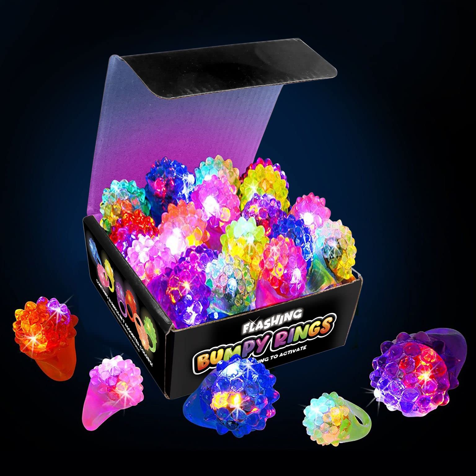 Kangaroo Kids' LED Light Up Rings or Glow-in-The-Dark Neon Ring Bumpy Toy Decorations for Birthday Party Favors, Glow Party Favors, Small Toys for Kids Prizes, Surprise Toys for Girls, Boys