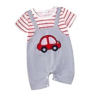 Baby Boy Short Sleeve Romper Round Neck Striped Car Fake Jumpsuit Infant Summer Clothes