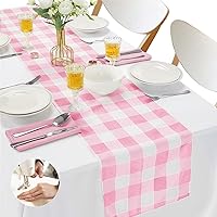 Fabric Checkered Table Runner 6 Pack Waterproof Gingham Table Runner 14W x 108L Buffalo Check Table Runners for Parties Kitchen Dining Wedding Banquet (Pink and White)