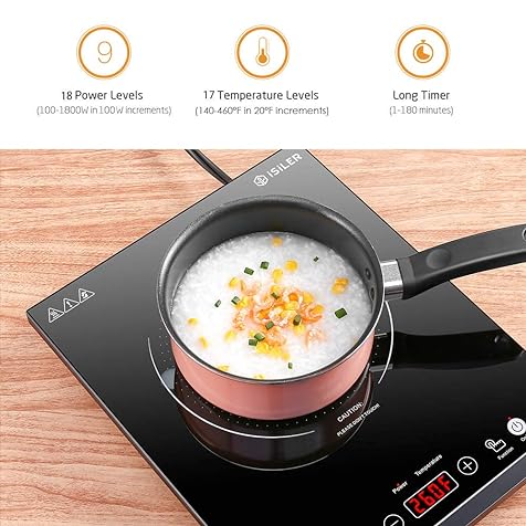 Portable Induction Cooktop, iSiLER 1800W Sensor Touch Electric Induction Cooker Hot Plate with Kids Safety Lock, 6.7" Heating Coil, 18 Power 17 Temperature Setting Countertop Burner with Timer