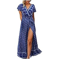 Women's Flowy Foral Print Hawai Dress Swing Short Sleeve Long Beach V-Neck Glamorous Casual Loose-Fitting Summer Blue