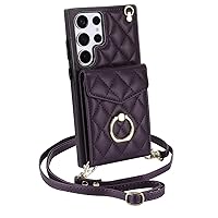 Luxury PU Case for Samsung Galaxy S22 Ultra/S22 Plus/S22 Small Fragrance Style Design with RFID Blocking, Detachable Strap and 360° Rotating Ring Stand (S22 Ultra,Deep-Purple)