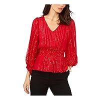 MSK Womens Red Smocked Sheer Lined Bodice Pullover Gathered Striped Blouson Sleeve V Neck Wear to Work Top Petites PM