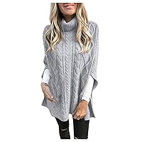 Fall Women Turtleneck Poncho Sweaters Trendy Side Split Chunky Cable Knit Pullover Oversized Shawl Casual Cape Tops