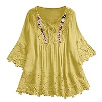 Womens Summer Casual Linen Cotton Shirts Loose Fit 3/4 Sleeve Gauze Spring Tops Lace Lace Up Mid Sleeve Sheer Tunics