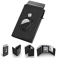 Mens Smart Wallet Card Holder for AirTag: Leather, Compatible with Apple Air Tag, RFID Blocking, Slim, Carbon Fiber, Minimalist - 9-14 Card Capacity | ID Window | Cash Slot (Black)