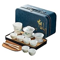 Gongfu tea set |羊脂玉茶具|White Jade,Yangzhi Jade tea sets |gaiwan tea set|12-pieces|Pavilion Landscape(金亭山水) tea sets for adult (White Jade - Pavilion Landscape)