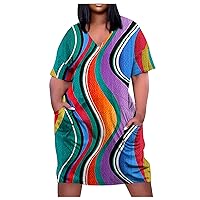 Plus Size Maxi Dress Summer Women V Neck Short Sleeve Knee Pocket Soild Color Casual Dress