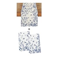 Artoid Mode Floral Leaves Hummingbird Royal Blue Porcelain Dish Towels 18 x26 Inch 2 pcs and Table Runner 13x72 Inch