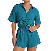 Flygo Womens Casual 2 Piece Outfits Cotton Linen Sets Button Down Shirt Shorts Resort Wear 2024 Pajama Beach Set