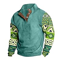 Aztec Sweatshirts for Men Ethnic Print Patchwork Long Sleeve Pullover Tops Casual Button Stand Collar Henley Shirt