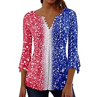 Summer 3/4 Length Sleeve Tops for Women USA Independence Day Fourth of July Outfit Casual Tshirts Blouse Tees
