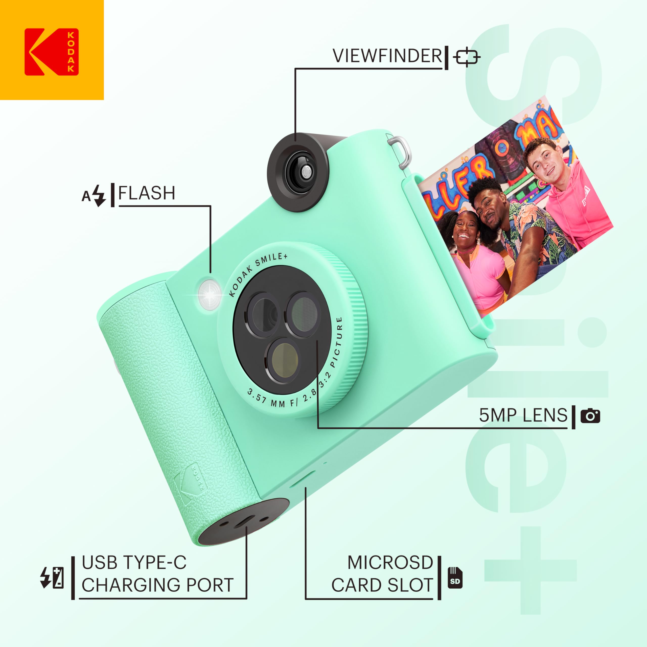 KODAK Smile+ Wireless Digital Instant Print Camera with Effect-Changing Lens, 2x3” Sticky-Backed Photo Prints, and Zink Printing Technology, Compatible with iOS and Android Devices - Green