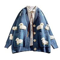 Women's Cute Sheep Pattern Knit Cardigan Sweaters Open Front Button Up Outerwear Casual Loose Jackets with Pockets