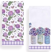 Watercolor Hydrangea Flower Kitchen Dish Towel 18 x 28 Inch Set of 2, Spring Summer Purple Floral Tea Towels Dish Cloth for Cooking Baking
