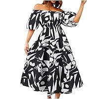 Tropical Print Off Shoulder A-Line Dress Women Summer Puff Short Sleeve Smocked High Waist Midi Dress with Pockets