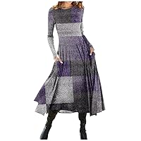 Dresses for Women Fashion Casual Printed Round Neck Pullover Slim Fitting Long Sleeve Dress