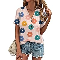 Summer Tops for Women 2024 Trendy, Fashion Women's Loose Plain V Neck Button Short Sleeve Casual Business, S XXL