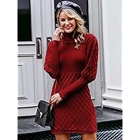 Women's Fashion Dress -Dresses High Neck Gigot Sleeve Sweater Dress Sweater Dress for Women (Color : Burgundy, Size : Medium)