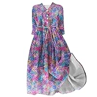 Plus Size Lace-Up Henley Shirt Dress Women Boho Floral 3/4 Sleeve Beach Dresses Summer Casual Lapel A-Line Dresses