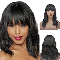 Curly Bob Wavy Natural Black Color Wig With Bangs Synthetic Black Hair Wig for Women's Natural Looking and Heat Resistant Full Head Hair Replacement Wig