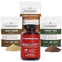 Real Mushrooms RealClarity (60ct) w/Turkey Tail, Lions Mane & Cordyceps Powder Bundle - Mushroom Supplement for Cognitive Health, Immune Support, Energy & Vitality - Vegan, Non-GMO