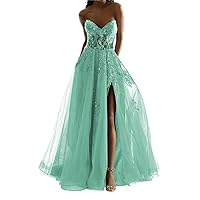 Strapless Tulle Prom Dresses with Split Sweetheart A-Line Evening Gowns Formal Wedding Party DR0464