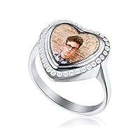 Custom Heart Shaped Wedding Ring Customized Photo Promise Ring in Stainless Steel with Cubic Zirconia Gem Personalized Relationship Ring for Couple