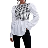 Women's Tops Sexy Tops for Women Shirts Houndstooth Gigot Sleeve Peplum Top Shirts for Women (Color : Black and White, Size : X-Large)