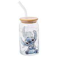 Silver Buffalo Disney Lilo and Stitch Glass Tumbler with Bamboo Lid and Reusable Glass Straw, 16 Ounces