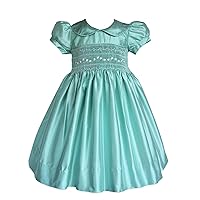 Luxurious Hand Smocked Girl's Mint Green Silk Dress Flower Girls Pageants Special Occasion Gown Wedding with Silk-Hairbow