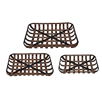 Set of 3 Rustic Wood and Metal Tobacco Baskets, Brown