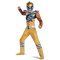 Gold Power Rangers Costume for Kids. Official Licensed Gold Ranger Dino Charge Classic Muscle Power Ranger Suit with Mask for Boys & Girls, Medium (7-8)
