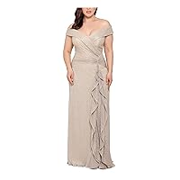 XSCAPE Womens Gold Ruffled Glitter Gown Short Sleeve Off Shoulder Full-Length Formal Dress Plus 14W
