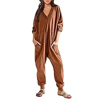 Adult Womens Onesie Pajamas Pajama Onesies for Women Women Cotton V Neck Jumpsuits Solid Casual Loose Long Sleeve Harem Pant