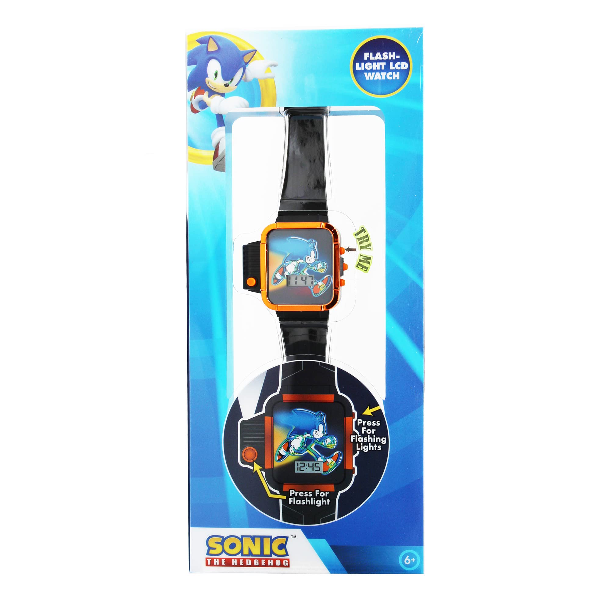 Accutime Kids SEGA Sonic The Hedgehog Black & Orange Digital LCD Quartz Wrist Watch with Flashlight, Black Strap for Boys, Girls, Kids (Model: SNC4248MAZ)
