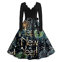 Women's Casual Dresses Vintage Classic Long Sleeve 2024 New Year Printed V Neck Swing Dress, S-2XL